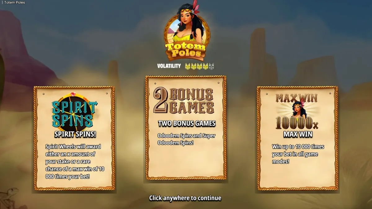 Totem Poles slot machine interface na may mga simbolo ng hayop at totem poles
