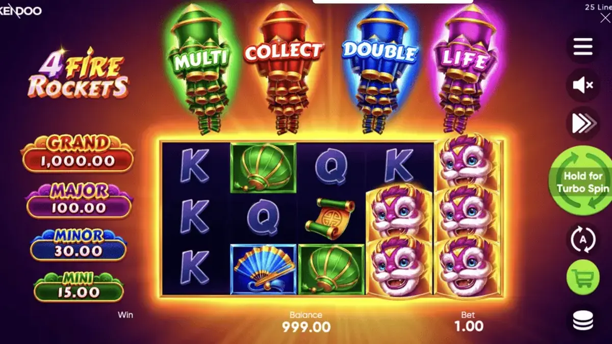 Makulay na visual ng 4 Fire Rockets slot game na nagpapakita ng mga rocket at reels.
