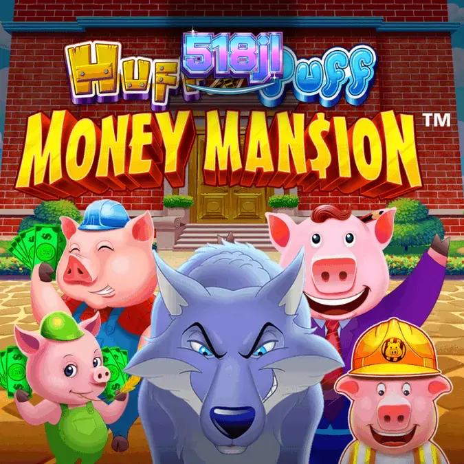 Ang visual na representasyon ng Huff N Puff Money Mansion slot na nagpapakita ng mga piggies at mansion theme.